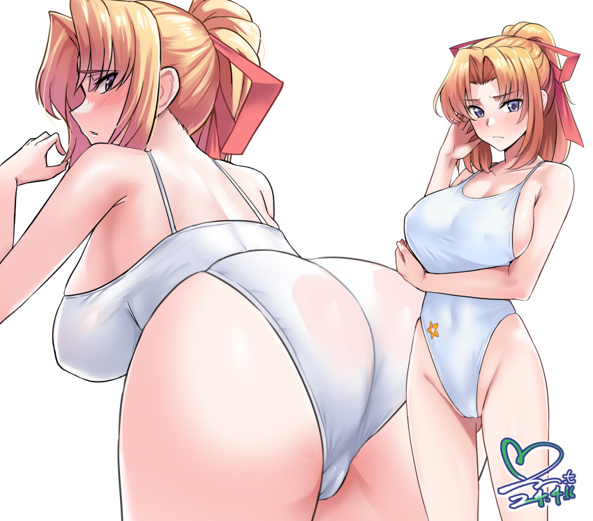 1girl ass blonde_hair blue_eyes breasts commission covered_navel hair_ribbon highleg highleg_swimsuit highres kiriya_erika large_breasts medium_hair multiple_views one-piece_swimsuit pixiv_commission ponytail red_ribbon ribbon simple_background standing star_(symbol) star_print swimsuit tachi-e tsuyokiss white_background white_one-piece_swimsuit yoo_tenchi