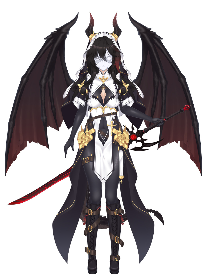 1girl absurdres arms_at_sides belt black_gloves black_hair breasts covered_navel cross cross-laced_footwear demon_girl demon_horns demon_tail demon_wings full_body gloves gradient_hair highres holding holding_sword holding_weapon horns mask medium_breasts multicolored_hair original pelvic_curtain pointy_ears red_hair reverse_grip sakuya_miu1186400038 solo standing straight-on sword tail two-tone_hair weapon white_background white_mask wings