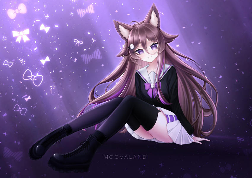 1girl absurdres animal_ears boots brown_hair cat_ears cat_girl hair_ornament hairclip highres indie_virtual_youtuber long_hair looking_at_viewer mole mole_under_eye moovalandi nubchann purple_eyes school_uniform simple_background skirt smile solo thighhighs virtual_youtuber