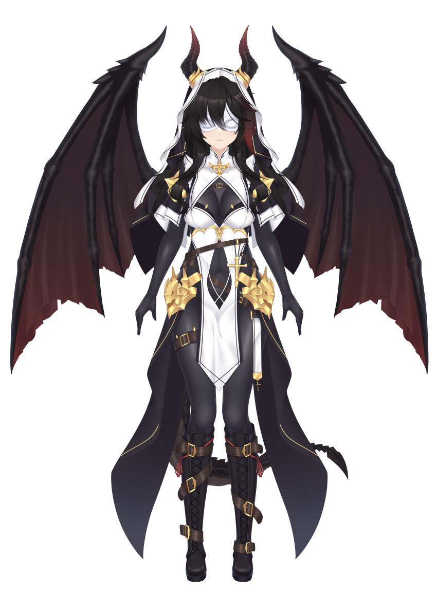 1girl absurdres arms_at_sides belt black_gloves black_hair breasts covered_navel cross cross-laced_footwear demon_girl demon_horns demon_tail demon_wings eye_mask full_body gloves gradient_hair highres horns medium_breasts multicolored_hair original pelvic_curtain pointy_ears red_hair sakuya_miu1186400038 smile solo standing straight-on tail two-tone_hair white_background wings