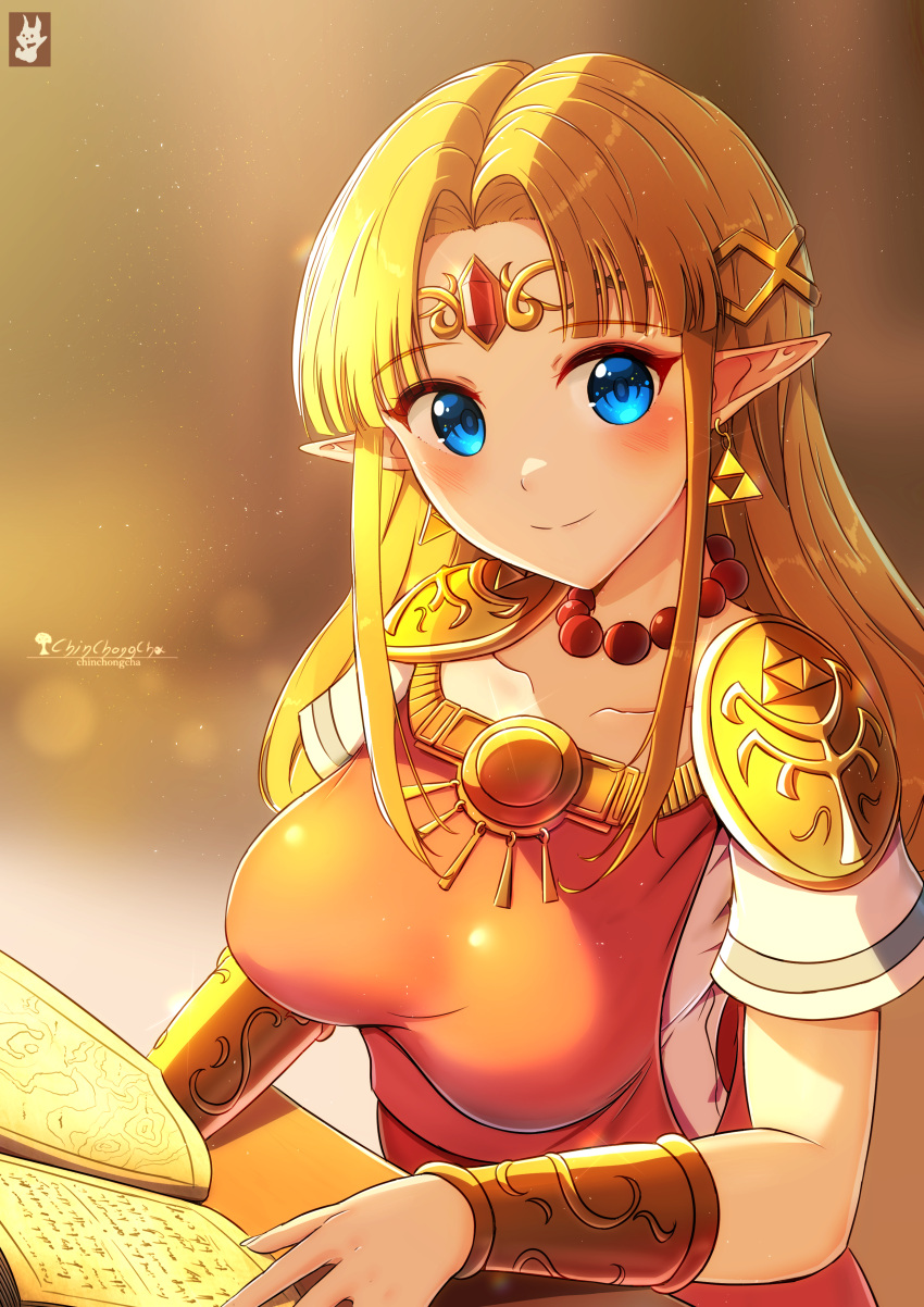 1girl absurdres alternate_breast_size blonde_hair blue_eyes breasts chinchongcha closed_mouth dress earrings hair_ornament highres jewelry large_breasts looking_at_viewer pointy_ears princess_zelda smile solo the_legend_of_zelda the_legend_of_zelda:_a_link_between_worlds triforce_earrings