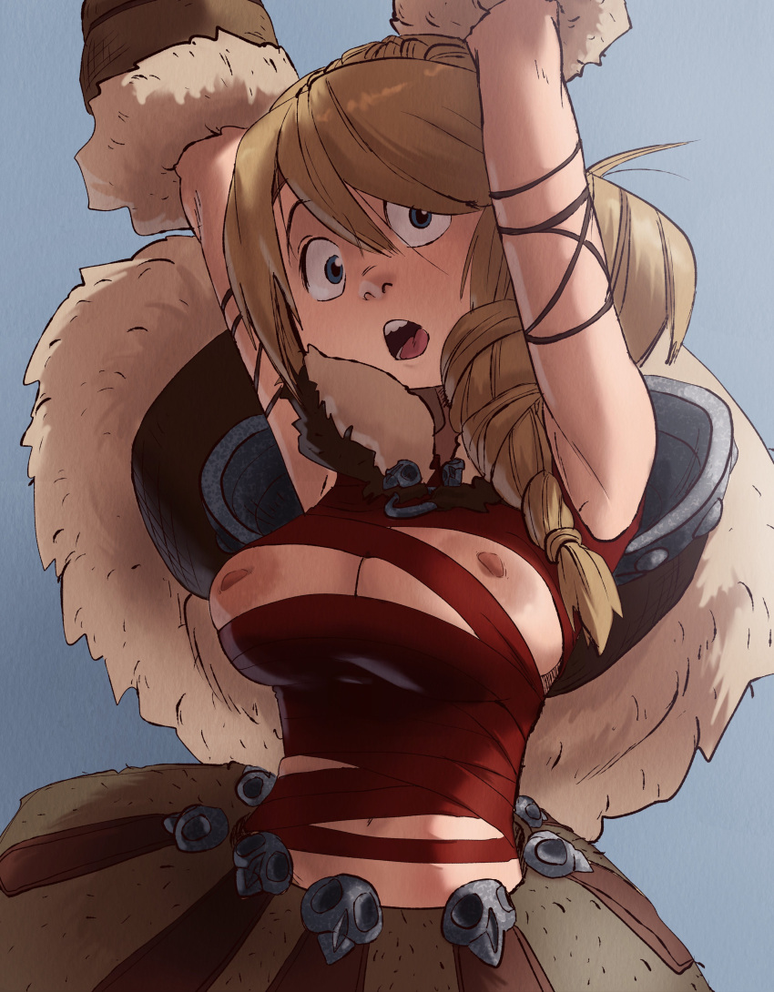 1girl absurdres armpits arms_up astrid_hofferson blue_eyes braid breasts cape freckles fur-trimmed_cape fur_trim highres how_to_train_your_dragon inker_comics large_breasts light_brown_hair long_hair looking_at_viewer navel nipple_slip nipples open_mouth red_ribbon ribbon solo wide-eyed