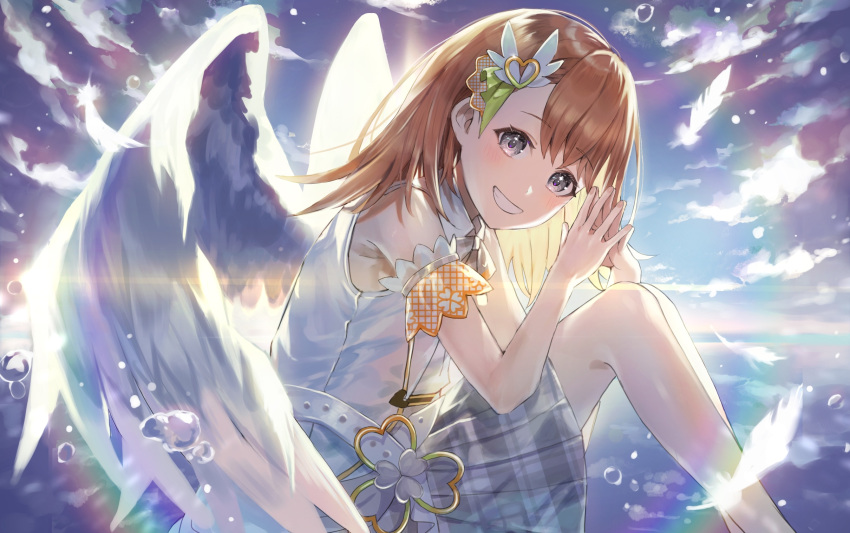 1girl angel_wings armband backlighting bare_legs belt blue_sky brown_hair clenched_teeth cloud cloudy_sky collared_shirt day diffraction_spikes dot_nose elbow_on_thigh elbow_rest eyelashes feathered_wings feathers feet_out_of_frame fingernails glint glowing_feather gold_trim grey_eyes grey_ribbon grey_skirt grin hair_ornament hanasato_minori hands_up happy heart heart_hair_ornament highres horizon lapels leaning_forward legs_together lens_flare light_blush light_particles long_legs looking_at_viewer medium_hair neck_ribbon outdoors own_hands_together plaid plaid_ribbon plaid_skirt pleated_skirt project_sekai reflection reflective_water ribbon satou_(user_hgzc3532) shirt skirt sky sleeveless sleeveless_shirt smile solo steepled_fingers sunlight swept_bangs tareme teeth tenshi_no_clover_(vocaloid) todoke!_hopeful_stage_(project_sekai) vest water_drop white_belt white_feathers white_vest white_wings wing_hair_ornament wings