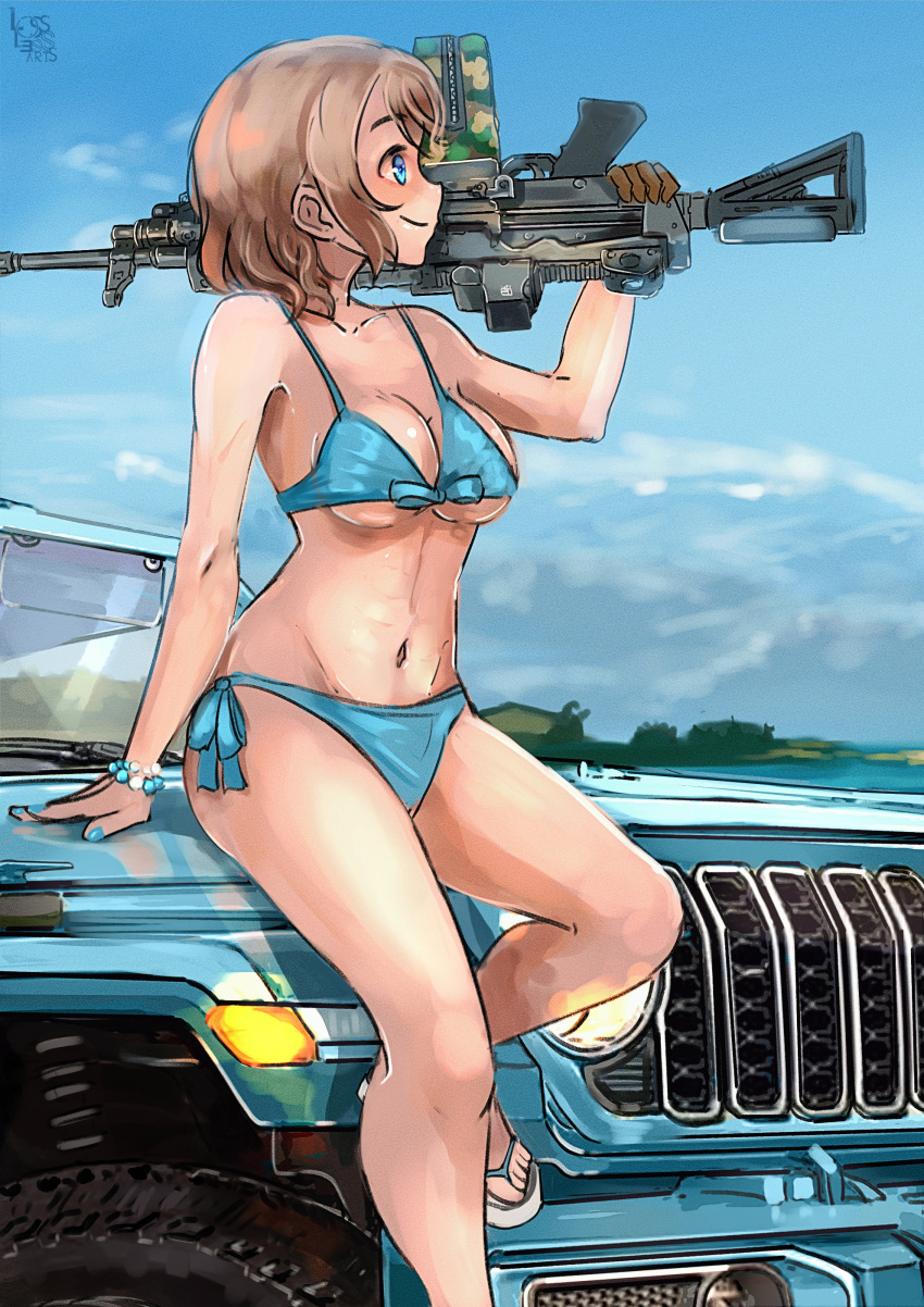 1girl absurdres bikini blue_bikini blue_eyes blue_sky breasts cloud day front-tie_bikini_top front-tie_top gun highres jeep light_brown_hair losslessarts love_live! love_live!_sunshine!! machine_gun medium_breasts motor_vehicle navel outdoors sandals short_hair side-tie_bikini_bottom sky solo swimsuit watanabe_you weapon weapon_request