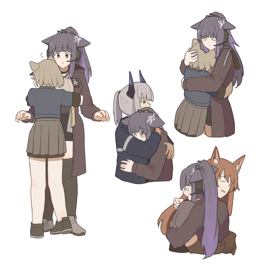 4girls almond_(arknights) animal_ears arknights cat_ears cat_girl closed_eyes crying crying_with_eyes_open dog_ears dog_girl dragon_girl dragon_horns elysiium fox_ears fox_girl franka_(arknights) height_difference highres horns hug jessica_(arknights) jessica_the_liberated_(arknights) liskarm_(arknights) multiple_girls surprised tears