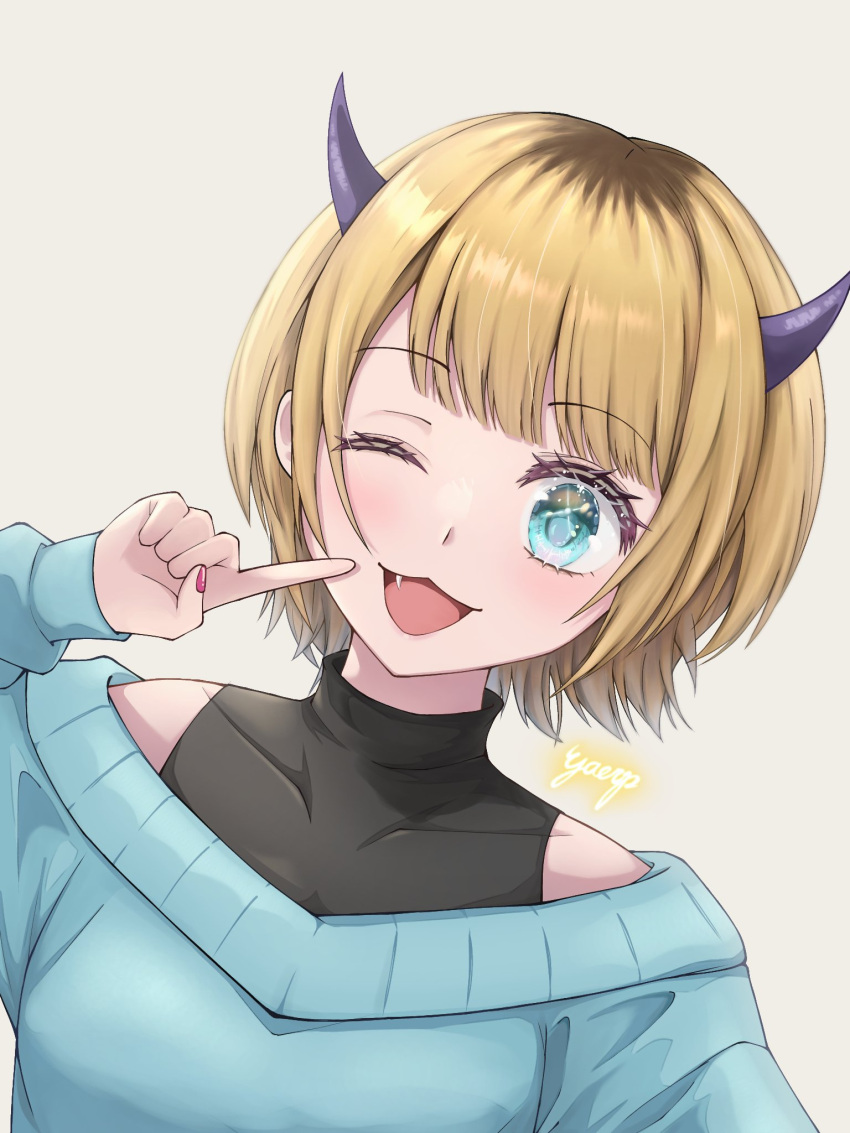 1girl :3 black_shirt blonde_hair blue_eyes blue_sweater commentary covered_collarbone demon_horns fang gaerp4 grey_background highres horns long_sleeves looking_at_viewer memcho multicolored_hair nail_polish off_shoulder one_eye_closed open_mouth oshi_no_ko pink_nails pointing pointing_at_self roots_(hair) shirt short_hair simple_background sleeveless sleeveless_shirt solo sweater upper_body