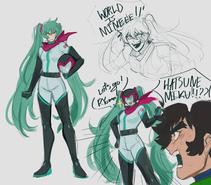 1boy 1girl absurdres aqua_eyes aqua_hair crossover getter_robo hatsune_miku helmet highres long_hair nagare_ryoma pilot_suit sinita smile twintails very_long_hair vocaloid