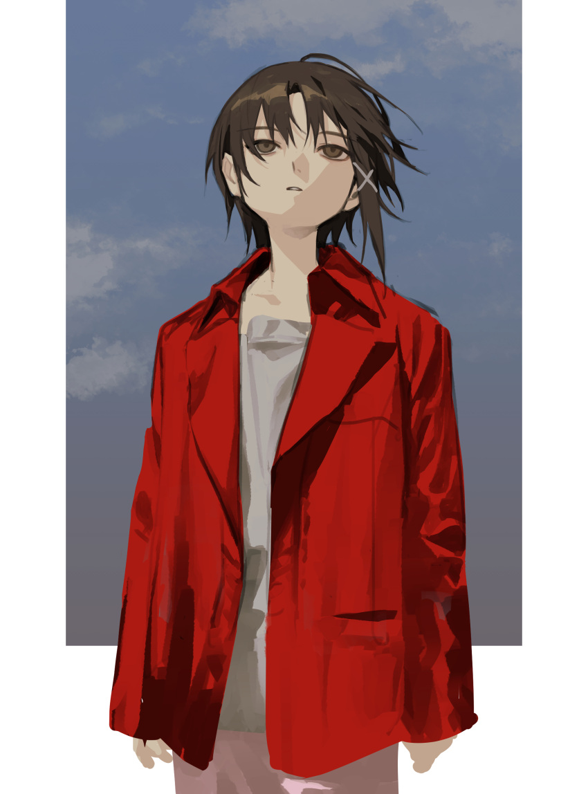1girl absurdres arms_at_sides blue_sky border brown_eyes brown_hair cloud commentary hair_ornament hair_ribbon highres iwakura_lain jacket long_sleeves open_clothes open_jacket parted_lips pink_skirt red_jacket ribbon romaji_commentary serial_experiments_lain shirt single_sidelock skirt sky sleeves_past_wrists solo standing temu_(tem27) white_border white_ribbon white_shirt wind x_hair_ornament