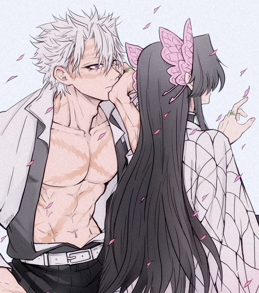 1boy 1girl abs belt black_hair butterfly_hair_ornament collarbone demon_slayer_uniform facing_ahead falling_petals grey_hair hair_between_eyes hair_ornament hand_up haori head_on_hand head_rest highres jacket japanese_clothes kimetsu_no_yaiba kochou_kanae korean_commentary long_hair long_sleeves looking_ahead multiple_scars open_clothes pectorals petals reaching sainn1129 scar scar_on_arm scar_on_chest scar_on_face scar_on_forehead scar_on_nose shinazugawa_sanemi short_hair simple_background upper_body white_background white_jacket wind