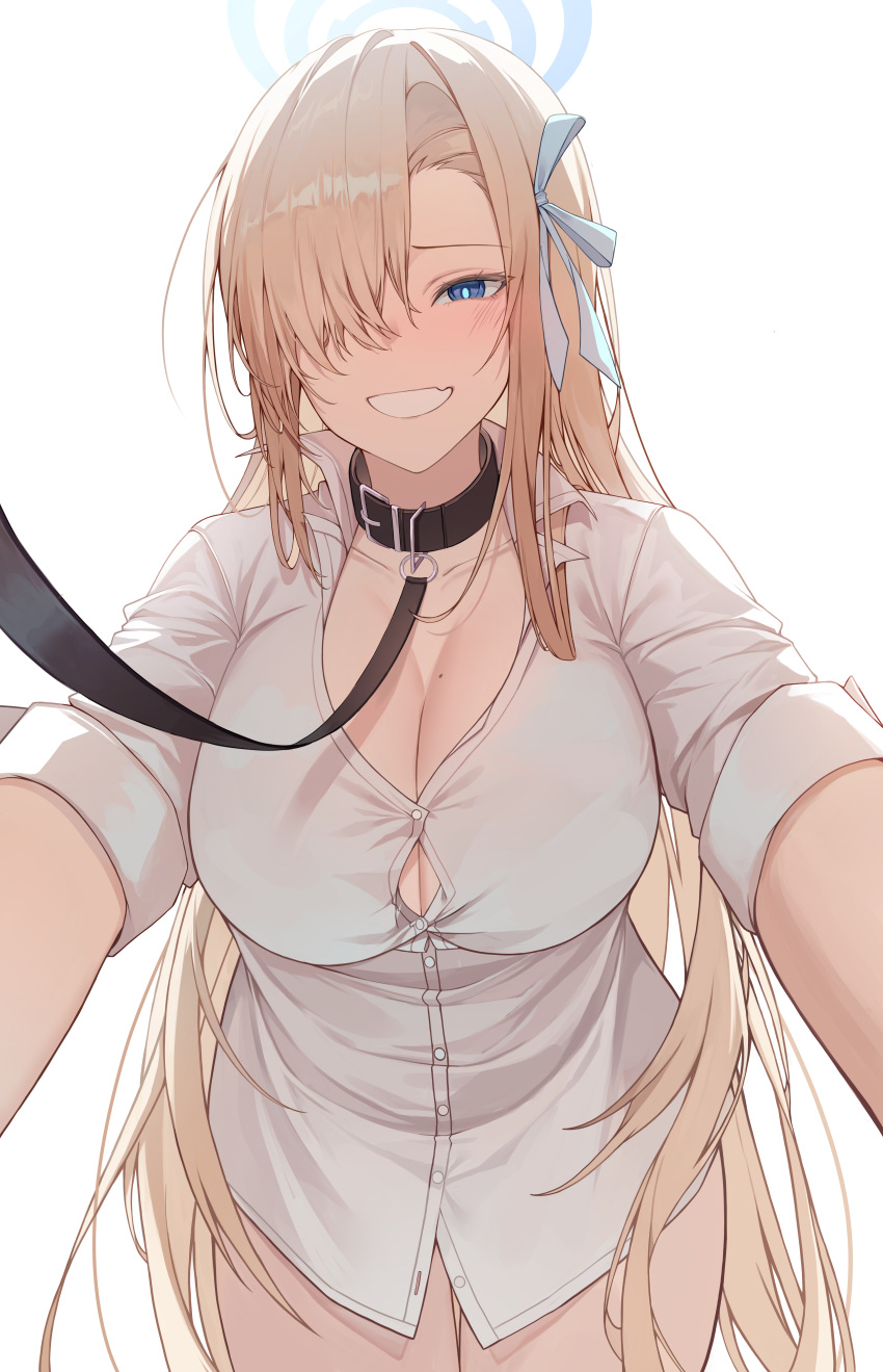 1girl absurdres asuna_(blue_archive) asymmetrical_bangs blue_archive blue_halo breasts button_gap cleavage hair_over_one_eye halo highres large_breasts leash light_brown_hair looking_at_viewer mole mole_on_breast naked_shirt shirt shiwa_(jired1234) smile viewer_holding_leash white_shirt