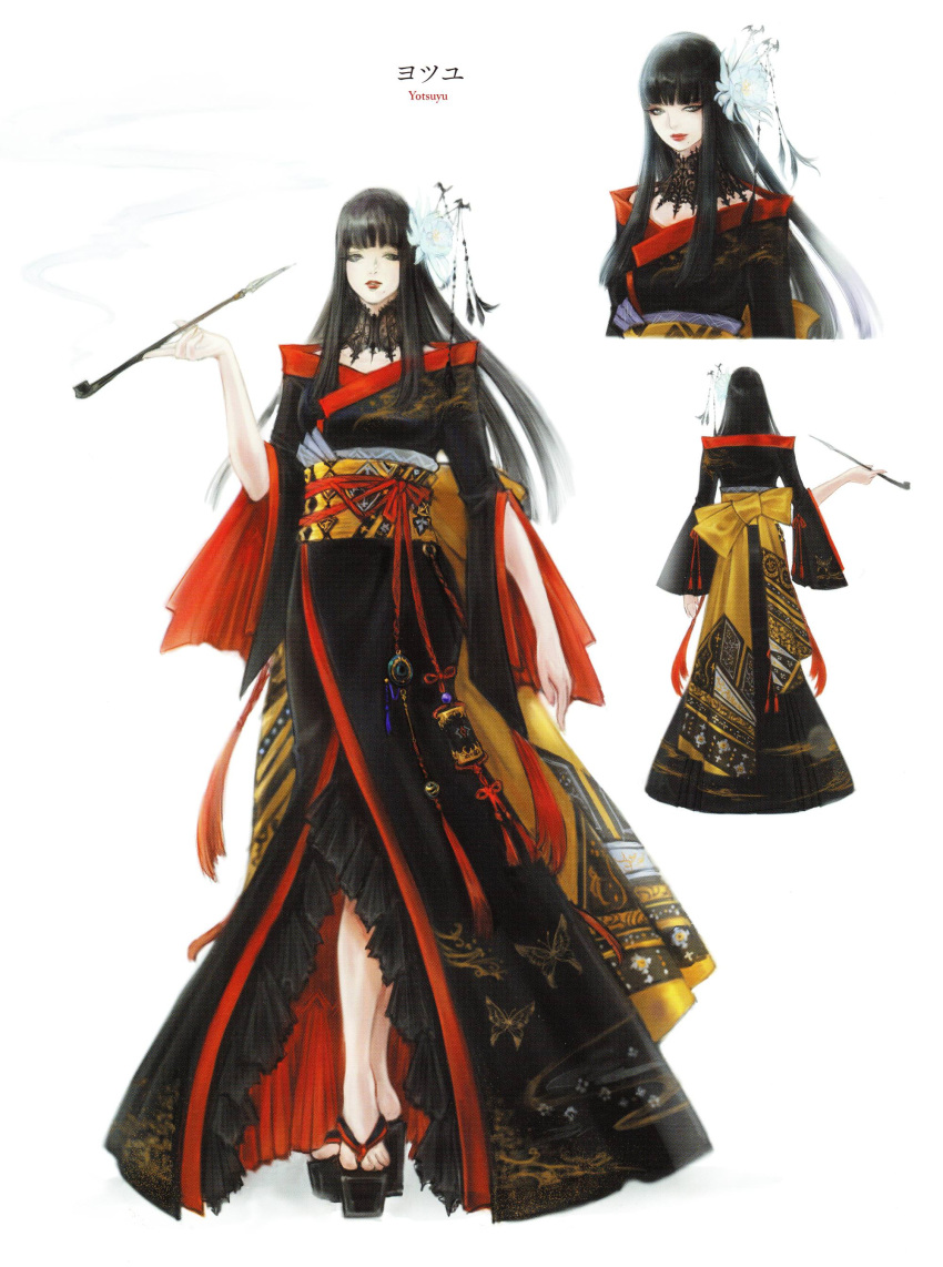 1girl absurdres animal_print back_bow bat_hair_ornament black_collar black_hair black_kimono blunt_bangs bow butterfly_print character_name collar concept_art cropped_torso eyeliner final_fantasy final_fantasy_xiv flower frilled_kimono frills full_body hair_flower hair_ornament hair_stick highres holding holding_smoking_pipe hyur inrou japanese_clothes kimono kiseru lace_collar long_hair looking_at_viewer makeup mole mole_under_mouth multiple_views namae_ayumi obi obiage obijime official_art okobo parted_lips red_lips red_trim reference_sheet sandals sash scan sidelocks simple_background smoke smoking_pipe standing straight_hair third-party_source toeless_footwear two-sided_fabric white_background white_flower wide_sleeves yotsuyu_goe_brutus
