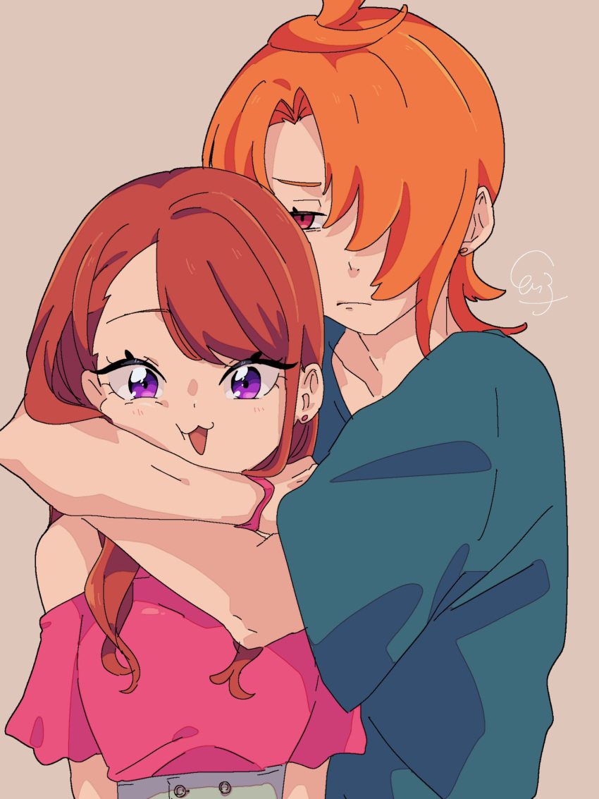 1boy 1girl aged_up blue_shirt hair_over_one_eye height_difference highres hijiri_ageha hirogaru_sky!_precure hug looking_at_viewer off_shoulder orange_hair pink_shirt precure puffy_short_sleeves puffy_sleeves purple_eyes red_hair shirt short_sleeves swept_bangs tricotroom upper_body yuunagi_tsubasa