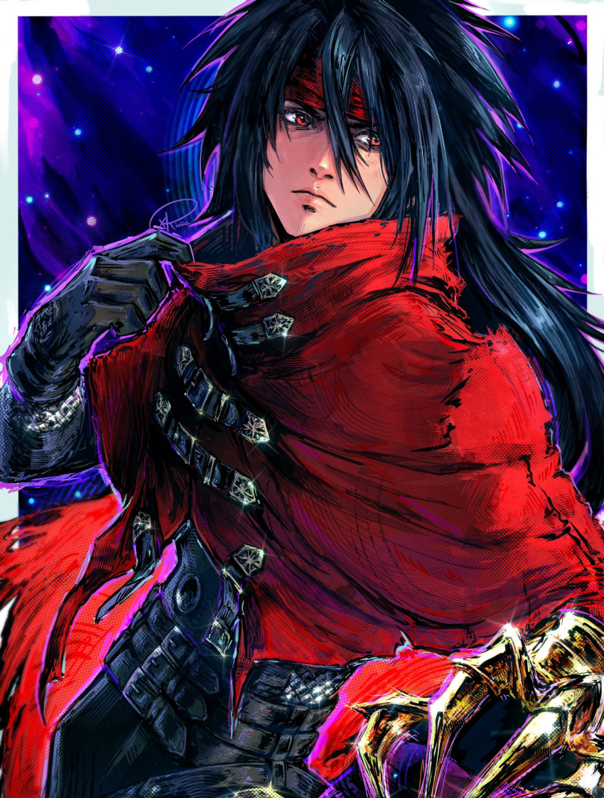 1boy belt belt_buckle black_gloves black_hair black_jacket buckle cape clawed_gauntlets cloak closed_mouth commentary final_fantasy final_fantasy_vii final_fantasy_vii_rebirth final_fantasy_vii_remake gauntlets glint gloves hair_between_eyes headband highres jacket light_particles long_hair male_focus multiple_belts red_cape red_cloak red_eyes red_headband single_gauntlet single_glove solo torn_cape torn_clothes upper_body vincent_valentine xriviia