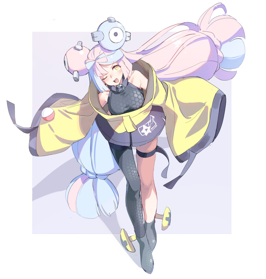 1girl absurdres bare_shoulders bent_over blue_hair blush bow-shaped_hair breasts grey_pantyhose grey_shirt highres huanxiang_huifeng iono_(pokemon) jacket large_breasts light_blue_hair long_hair looking_at_viewer multicolored_hair off-shoulder_jacket off_shoulder one_eye_closed pantyhose pink_eyes pink_hair pokemon pokemon_sv shirt single_leg_pantyhose sleeves_past_fingers sleeves_past_wrists solo twintails two-tone_hair very_long_hair very_long_sleeves white_background wide_sleeves yellow_jacket