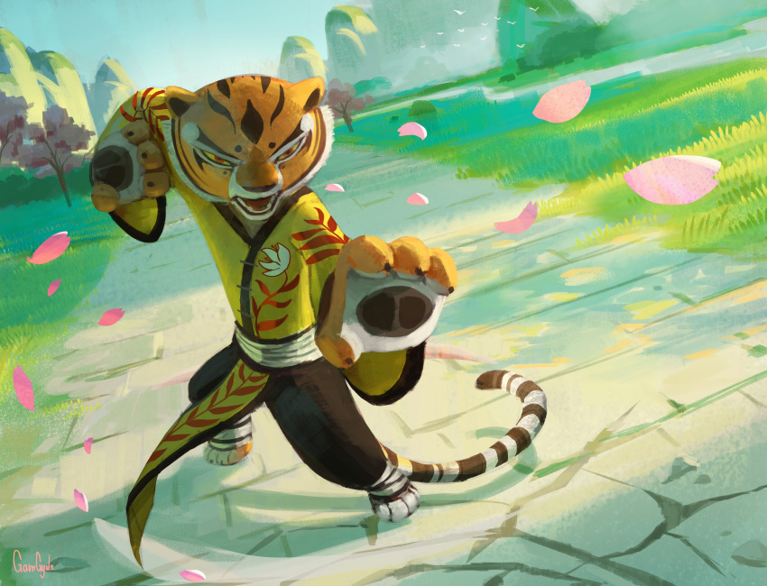 absurd_res anthro biped claws dreamworks felid female fighting_pose fur gamgyuls gesture head_markings hi_res kung_fu_panda mammal markings master_tigress orange_body orange_fur pantherine petals plant pose solo standing striped_markings striped_tail stripes tail tail_markings tiger white_body white_fur yellow_eyes