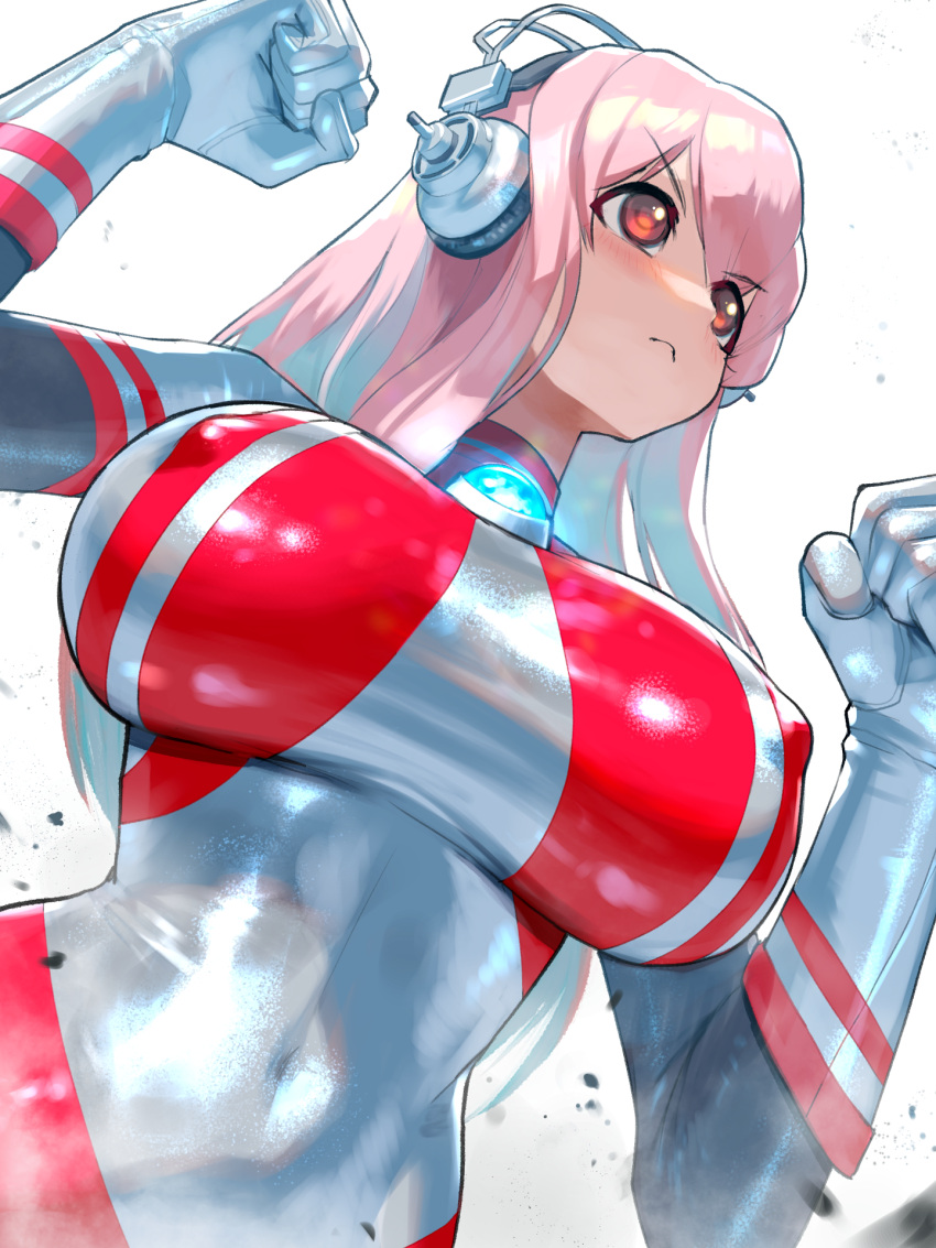 1girl blush bodysuit breasts cosplay headphones highres large_breasts long_hair nikunopengin nitroplus parody pink_eyes pink_hair skin_tight solo super_sonico tokusatsu ultra_series ultraman ultraman_(cosplay) ultraman_suit