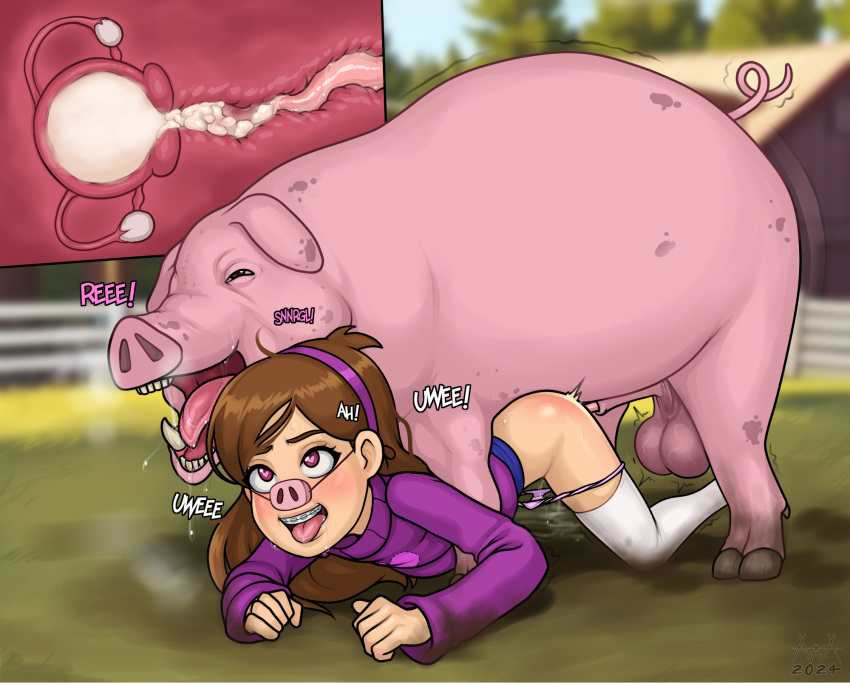 aaaninja bestiality brown_hair clothed clothing disney domestic_pig duo female feral gravity_falls hair heart_eyes heart_symbol hi_res human mabel_pines male male/female mammal panties panties_down partially_clothed purple_clothing purple_hairband purple_sweater purple_topwear suid suina sus_(pig) sweater topwear underwear underwear_down