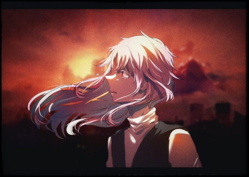 1boy 21scorpii belfangan_clouseau black_vest character_request commentary_request crying crying_with_eyes_open hair_lift letterboxed long_hair looking_to_the_side open_clothes open_vest orange_sky outdoors parted_lips photo_background red_eyes saibou_shinkyoku shirt sky solo sun sunset teardrop tears turtleneck turtleneck_shirt upper_body vest white_hair white_shirt white_sleeves wind wind_lift