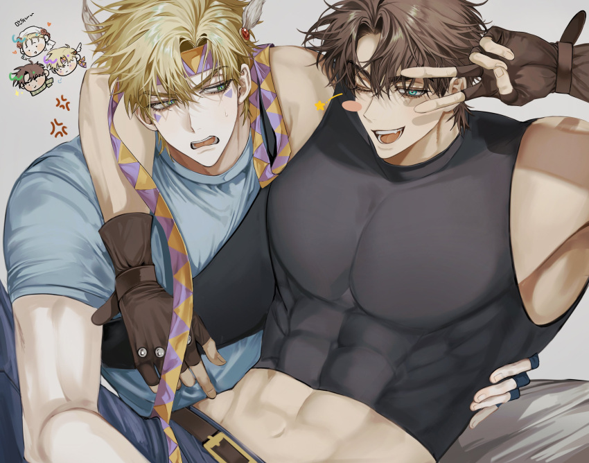 1girl 2boys abs anger_vein arm_around_shoulder battle_tendency belt black_shirt blonde_hair blue_gloves blue_pants blue_shirt blush_stickers brown_belt brown_gloves brown_hair caesar_anthonio_zeppeli fingerless_gloves gloves green_eyes grey_background hairband highres jojo_no_kimyou_na_bouken joseph_joestar joseph_joestar_(young) large_pectorals madengx male_focus midriff multiple_boys muscular muscular_male navel one_eye_closed open_mouth pants pectorals shirt short_sleeves suzi_q teeth triangle_facial_mark yaoi