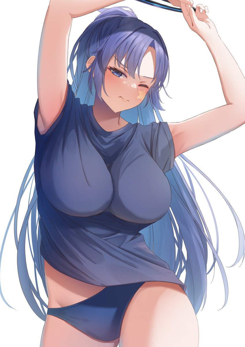 absurdres arms_up blue_archive blue_buruma blue_hair blue_shirt blush breasts buruma gradient_hair gym_shirt highres large_breasts long_hair looking_at_viewer mecha multicolored_hair official_alternate_costume oimo_imoya one_eye_closed robot shirt short_sleeves sidelocks simple_background standing star_sticker sticker_on_face thighs two-tone_hair very_long_hair white_background yuuka_(blue_archive) yuuka_(track)_(blue_archive)