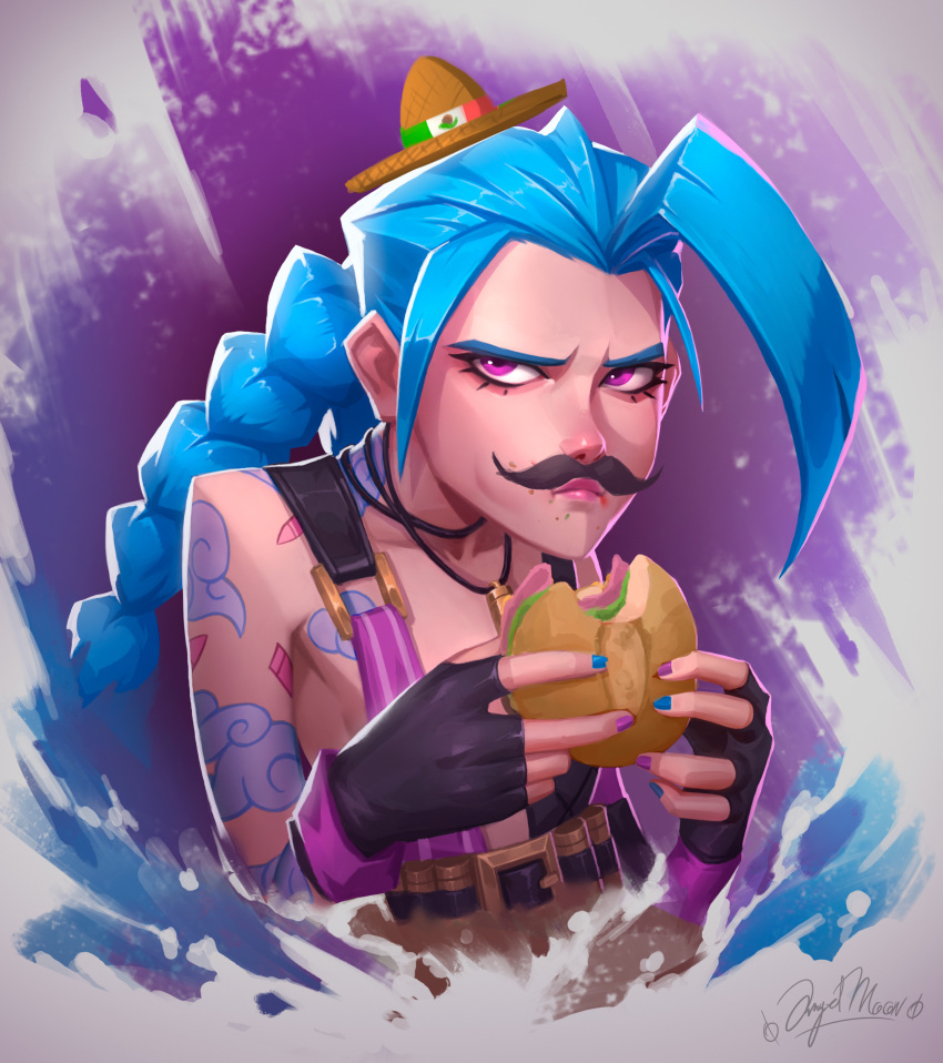 1girl absurdres angelmoonlight arm_tattoo artist_name bare_shoulders black_gloves burger eating fake_facial_hair fake_mustache fingerless_gloves food gloves green_hair green_nails hat highres holding holding_food jinx_(league_of_legends) league_of_legends long_hair multi-tied_hair nail_polish pink_eyes red_nails solo sombrero tattoo twintails upper_body