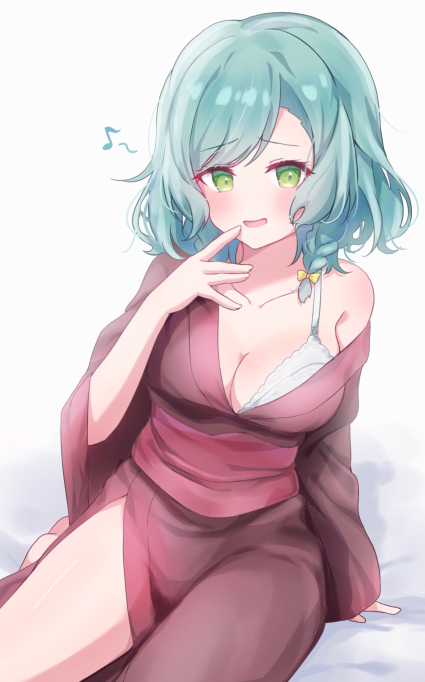 1girl aqua_hair bang_dream! blush bow bra braid breasts brown_kimono cleavage collarbone commentary_request green_eyes hair_bow highres hikawa_hina japanese_clothes kimono large_breasts looking_at_viewer meu203 musical_note obi off_shoulder open_mouth sash side_braids sitting solo underwear white_bra wide_sleeves yellow_bow