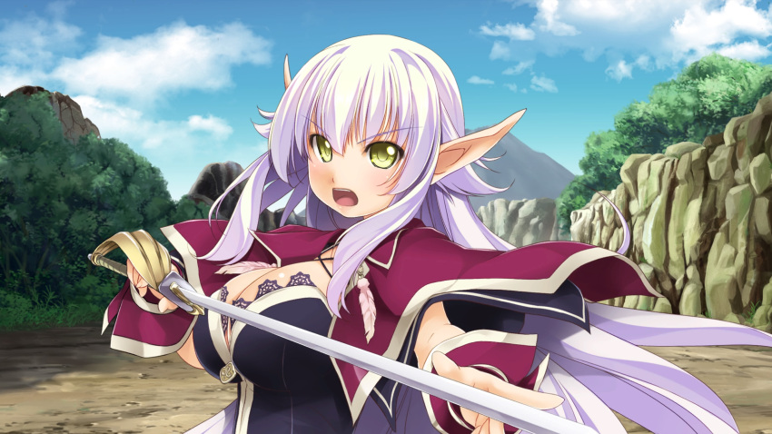 1girl atelier-moo black_bustier breasts bustier capelet cleavage dark_elf detached_sleeves elf hair_between_eyes highres holding holding_rapier holding_weapon large_breasts long_hair long_pointy_ears looking_at_viewer narrow_waist open_mouth pointy_ears purple_capelet purple_hair rapier sidelocks silvia_milsteen solo standing sword upper_body v-shaped_eyebrows very_long_hair weapon wizards_symphony yellow_eyes