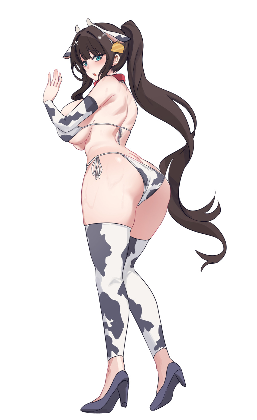 1girl absurdres animal_ears animal_print aningay ass bare_shoulders bikini black_footwear blue_eyes breasts brown_hair copyright_request cow_ears cow_horns cow_print detached_leggings detached_sleeves ear_tag fake_animal_ears fake_horns full_body high_heels highres horns large_breasts long_hair parted_lips ponytail print_bikini shoe_soles shoes side-tie_bikini_bottom simple_background solo swimsuit very_long_hair white_background