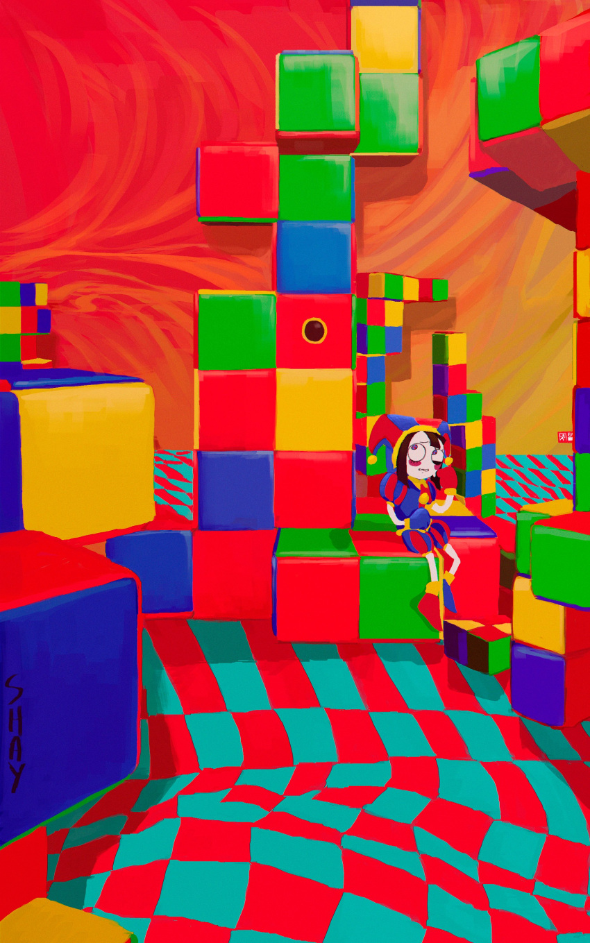 abstract_background absurdres clown cube highres li_shay multicolored_background orange_background pomni_(the_amazing_digital_circus) scared sitting the_amazing_digital_circus