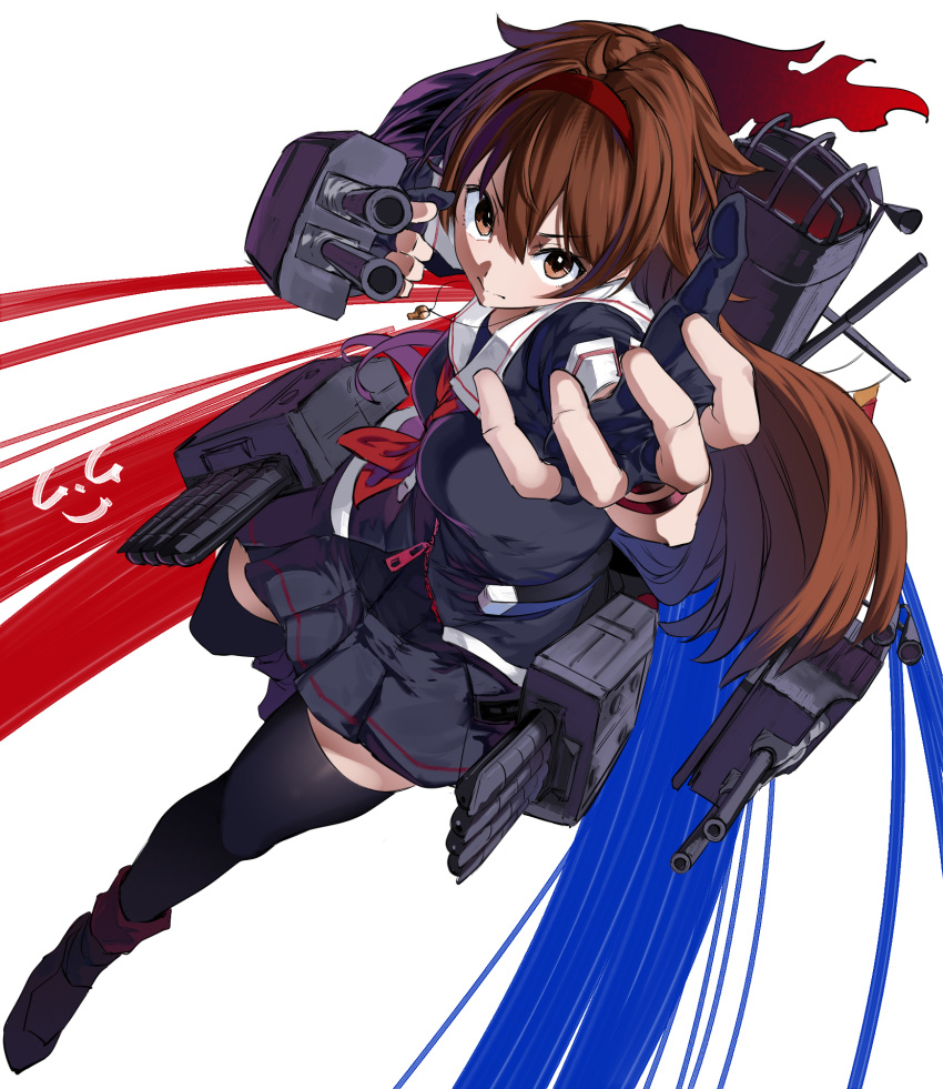 1girl adapted_turret ahoge asymmetrical_clothes black_serafuku blush braid breasts brown_eyes brown_hair cannon fingerless_gloves gegeron gloves hair_between_eyes hair_flaps hair_ornament hair_over_shoulder hairband highres holding holding_turret kantai_collection long_hair machinery mast medium_breasts neckerchief pleated_skirt red_hairband red_neckerchief rigging sailor_collar scarf school_uniform serafuku shiratsuyu_(kancolle) shiratsuyu_kai_ni_(kancolle) signature single_braid skirt smokestack solo thighhighs torpedo_launcher torpedo_tubes turret whistle whistle_around_neck white_background white_sailor_collar white_scarf