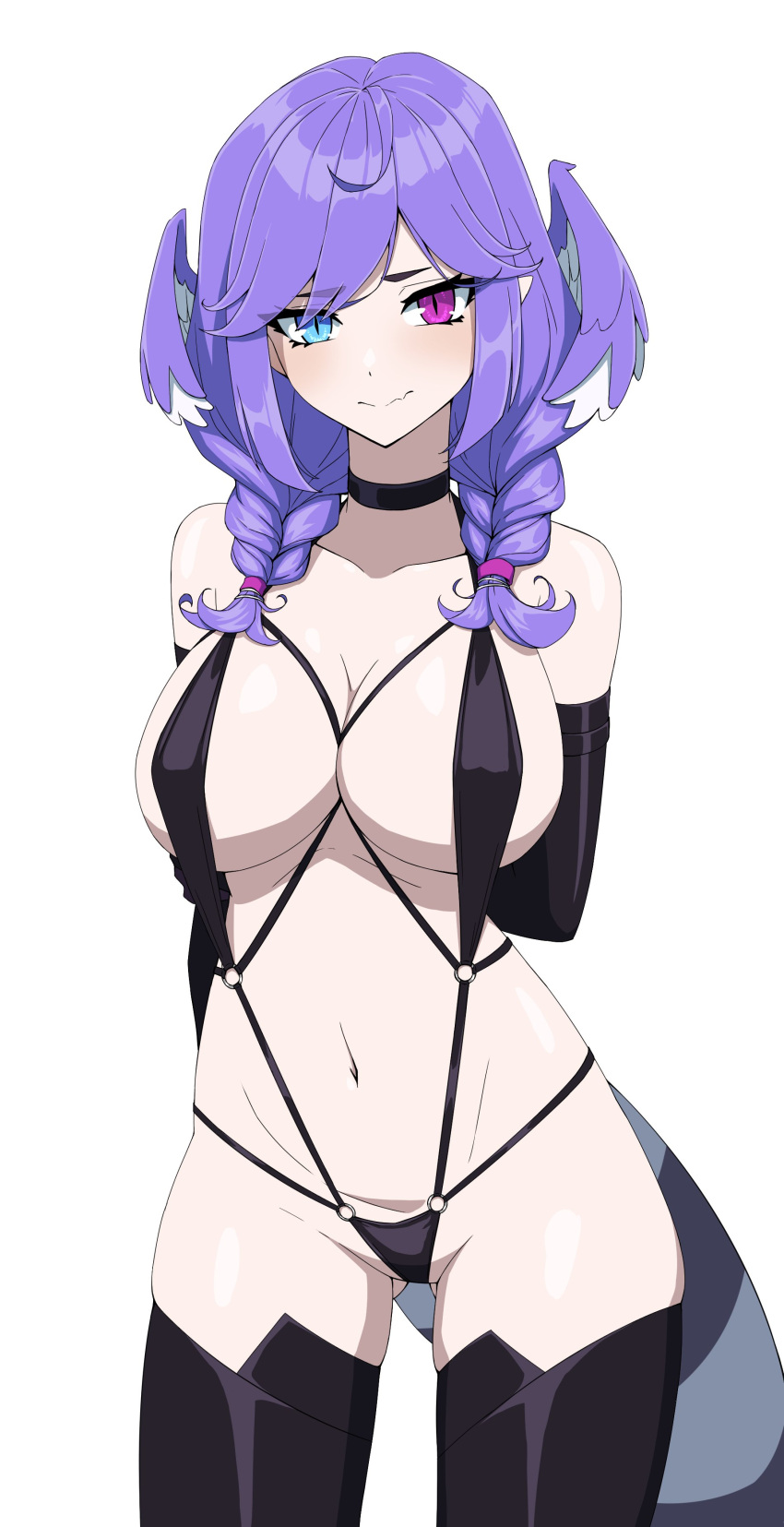 1girl absurdres black_choker black_gloves black_slingshot_swimsuit black_thighhighs blue_eyes braid breasts choker closed_mouth cowboy_shot daydarion elbow_gloves gloves head_wings heterochromia highres huge_breasts long_hair looking_at_viewer nijisanji nijisanji_en purple_eyes selen_tatsuki simple_background slingshot_swimsuit slit_pupils smile solo swimsuit tail thighhighs twin_braids virtual_youtuber white_background wings