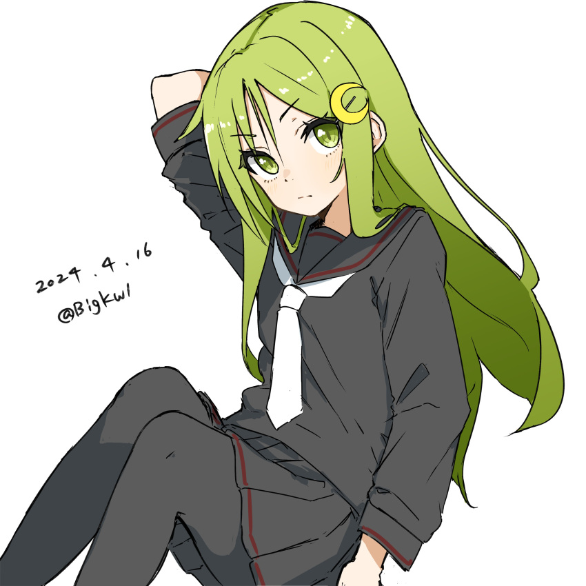 1girl absurdres bigkwl black_pantyhose black_sailor_collar black_serafuku black_shirt black_skirt crescent crescent_hair_ornament dated feet_out_of_frame green_eyes green_hair hair_ornament hand_on_own_hip highres kantai_collection long_hair looking_at_viewer nagatsuki_(kancolle) neckerchief pantyhose pleated_skirt sailor_collar sailor_shirt school_uniform serafuku shirt simple_background sitting skirt solo twitter_username white_background white_neckerchief