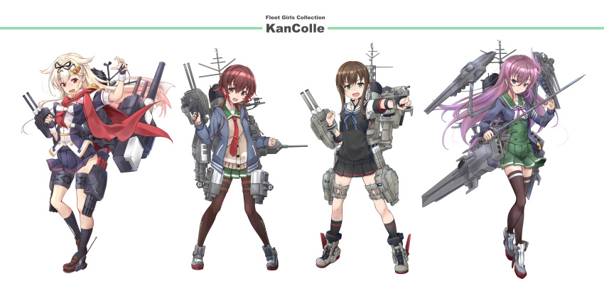 4girls absurdres adapted_costume alternate_costume argyle_clothes argyle_legwear black_hair black_pantyhose black_ribbon black_serafuku black_skirt black_socks black_thighhighs blonde_hair blue_jacket brown_hair cannon commentary_request crescent crescent_pin fingerless_gloves flower fubuki_(kancolle) fubuki_kai_ni_(kancolle) full_body gloves gradient_hair green_eyes green_sailor_collar green_skirt gundam_vidar hair_flaps hair_ornament hair_ribbon hairclip highres jacket kantai_collection kisaragi_(kancolle) kisaragi_kai_ni_(kancolle) long_hair looking_at_viewer low_ponytail machinery minosu multicolored_hair multiple_girls mutsuki_(kancolle) mutsuki_kai_ni_(kancolle) neckerchief open_mouth pantyhose pleated_skirt ponytail purple_eyes red_eyes red_neckerchief red_scarf ribbon rudder_footwear running sailor_collar scarf school_uniform serafuku short_hair short_ponytail sidelocks simple_background skirt smokestack socks standing sweater_vest sword thighhighs turret weapon white_background white_scarf yuudachi_(kancolle) yuudachi_kai_ni_(kancolle)