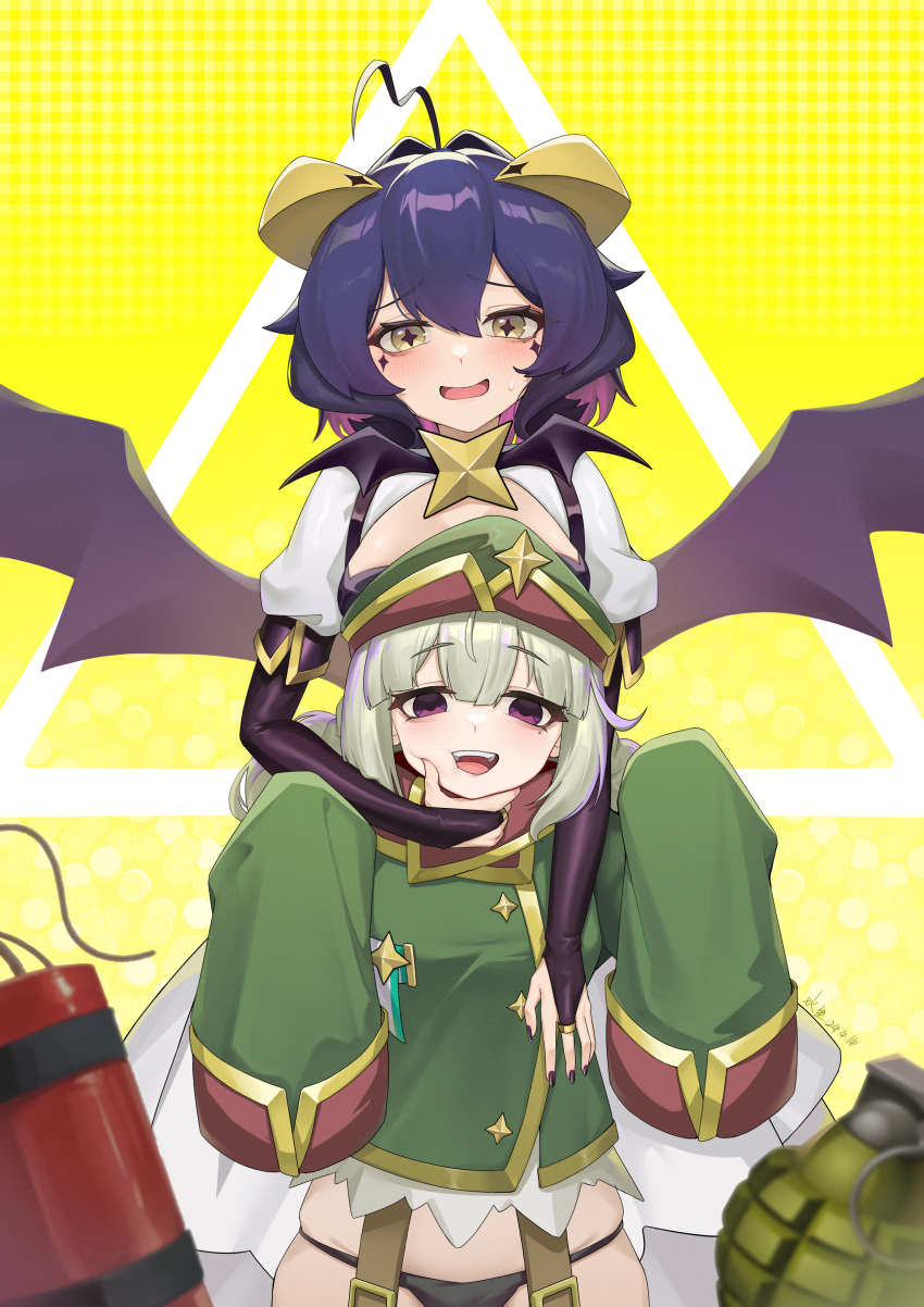 2girls absurdres ahoge araga_kiwi bags_under_eyes behind_another black_panties bridal_gauntlets commentary_request cross-shaped_pupils demon_horns demon_wings double_bun dress dynamite explosive green_hair green_hat green_jacket grenade hair_between_eyes hair_bun hair_intakes hand_on_another's_chin hat head_tilt highres hiiragi_utena horns jacket leoparde_(mahou_shoujo_ni_akogarete) light_blush magia_baiser mahou_shoujo_ni_akogarete medium_hair mole mole_under_eye multiple_girls nail_polish open_mouth panties peaked_cap purple_eyes purple_hair purple_nails short_hair skindentation sleeves_past_fingers sleeves_past_wrists smile sweatdrop symbol-shaped_pupils tareme teeth thighs underwear upper_teeth_only white_dress wings wish-tf yellow_eyes