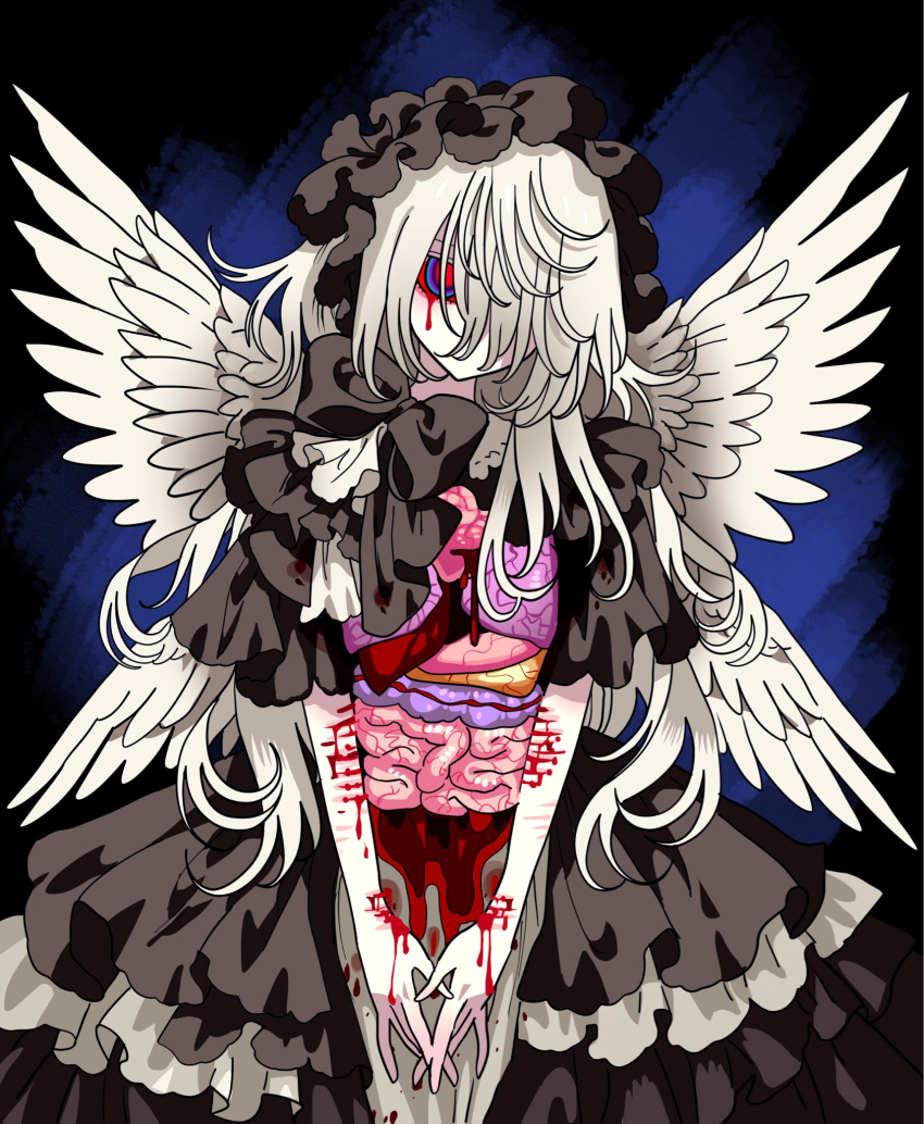 1girl bad_id bad_twitter_id black_dress black_hairband bleeding blood blood_from_eyes blue_eyes colored_sclera cowboy_shot cuts dress expressionless feathered_wings frilled_dress frills gothic_lolita guro hair_over_one_eye hairband heart_(organ) highres injury intestines lolita_fashion lolita_hairband long_hair looking_at_viewer lungs meremero multiple_wings organs original pale_skin red_pupils red_sclera self-harm self-harm_scar solo standing v_arms white_hair white_wings wings