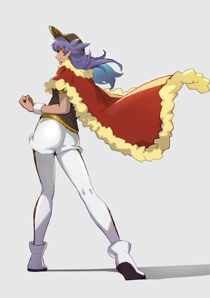 1boy absurdres ass cape clenched_hand closed_mouth commentary_request full_body fur-trimmed_cape fur_trim grey_background hat highres leggings leon_(pokemon) long_hair male_focus pokemon pokemon_swsh purple_hair red_cape shirt shoes short_sleeves shorts smile solo standing white_footwear white_leggings white_shorts white_wristband wristband yunoru