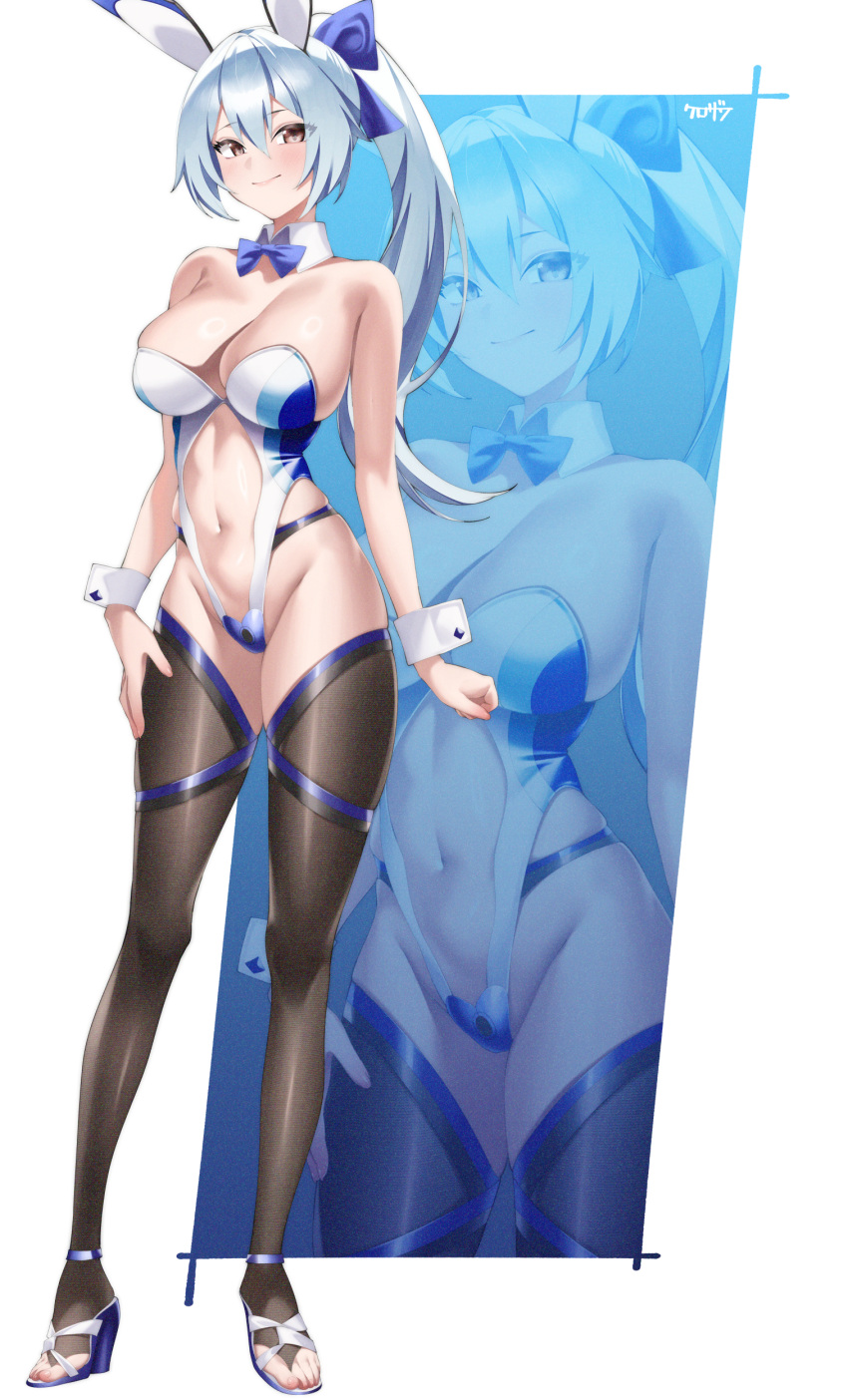 1girl absurdres animal_ears bare_shoulders blush bow bowtie breasts cleavage detached_collar fake_animal_ears fate/grand_order fate_(series) full_body hair_between_eyes highleg highleg_leotard highres kurozawa_yui large_breasts leotard long_hair looking_at_viewer multiple_views navel playboy_bunny ponytail rabbit_ears red_eyes smile tomoe_gozen_(fate) white_hair wrist_cuffs