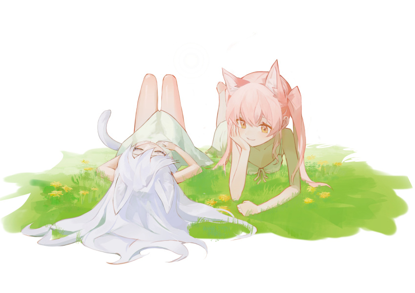 2girls absurdres animal_ears bare_arms bare_legs cat_ears cat_girl cat_tail closed_mouth commentary_request dress flower grass highres long_hair lying multiple_girls nago_nago on_back on_stomach orange_eyes original outdoors pink_hair simple_background smile tail twintails white_background white_dress white_hair yellow_flower