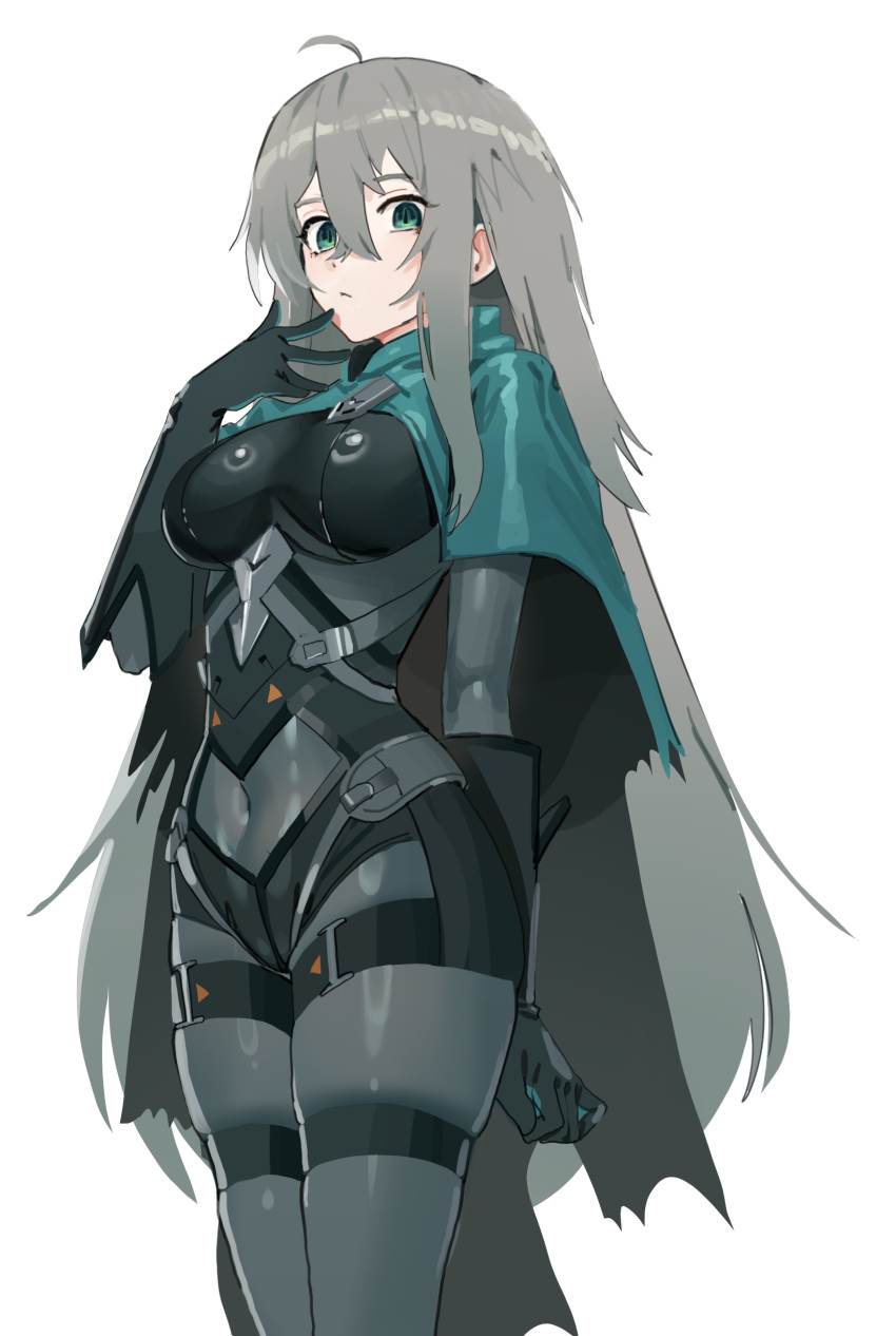 1girl absurdres ahoge black_gloves black_survival breasts cloak covered_navel eternal_return:_black_survival gloves goback green_eyes grey_hair hair_between_eyes highres katja_(black_survival) large_breasts long_hair skindentation slit_pupils solo standing two-tone_bodysuit white_background