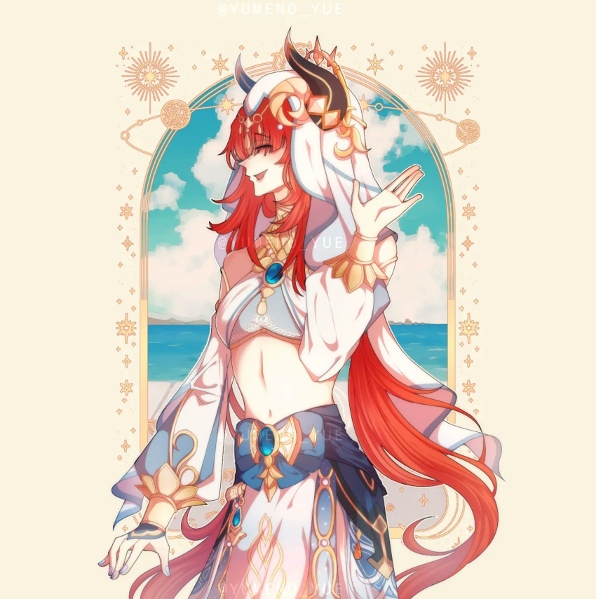 artist_name blue_gemstone blue_nails brooch circlet closed_eyes dancer fake_horns gem genshin_impact gold_trim harem_outfit highres horns jewelry long_hair long_sleeves neck_ring nilou_(genshin_impact) puffy_long_sleeves puffy_sleeves red_hair veil very_long_hair white_headdress white_veil