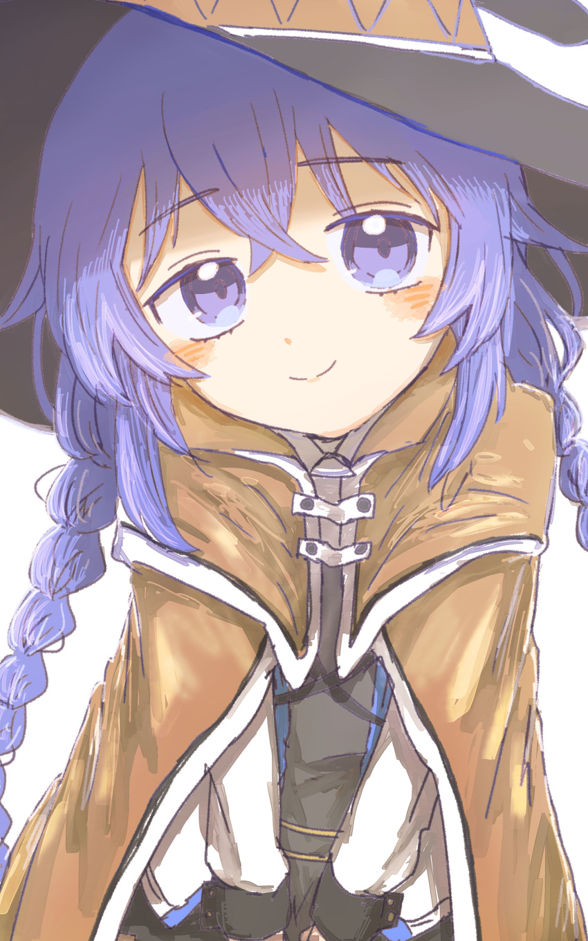 1girl absurdres blue_eyes blue_hair blush braid brown_cloak cloak closed_mouth flat_chest grey_shirt hair_between_eyes hat highres jacket long_hair looking_at_viewer mushoku_tensei roxy_migurdia shirt simple_background siwadayo smile solo twin_braids upper_body white_background white_jacket witch_hat