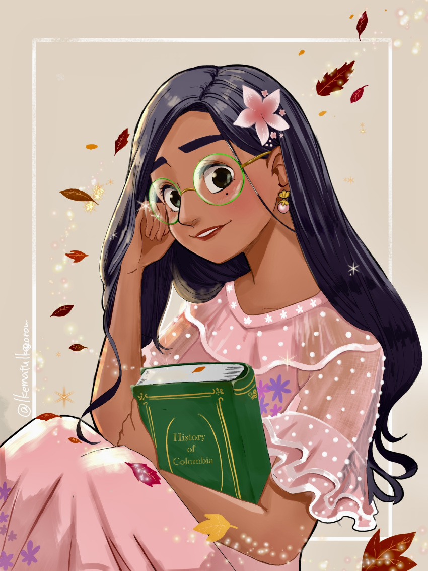 1girl absurdres black_hair book brown_eyes curly_hair dark-skinned_female dark_skin dragonf1y dress earrings encanto flower full_body glasses hair_flower hair_ornament highres holding holding_book isabela_madrigal jewelry long_hair mole mole_under_eye multiple_girls smile solo