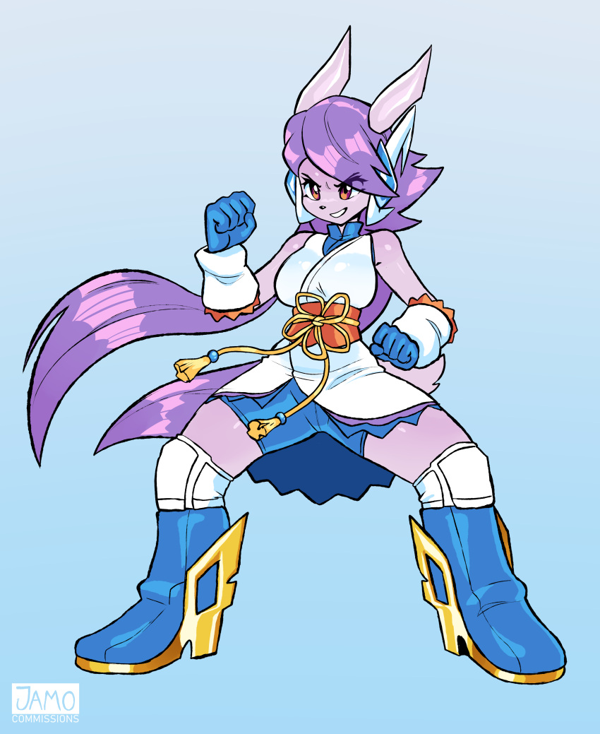 2024 absurd_res anthro aquatic_dragon boots bottomwear breasts brown_eyes clothing dragon eyebrows eyelashes female footwear freedom_planet galaxytrail glistening gloves hair handwear hi_res horn jamoart long_hair marine mythological_creature mythological_scalie mythology purple_body purple_hair sash_lilac scalie shorts smile smirk solo white_clothing