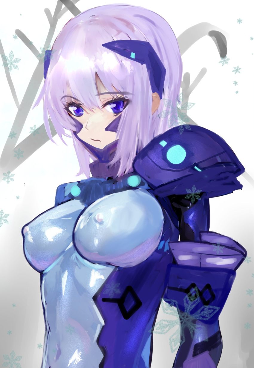 1girl absurdres blue_bodysuit bodysuit breasts cryska_barchenowa fortified_suit highres impossible_bodysuit impossible_clothes kisaragi9a large_breasts muv-luv muv-luv_alternative muv-luv_total_eclipse pilot_suit purple_eyes see-through_bodysuit short_hair simple_background skin_tight solo white_hair