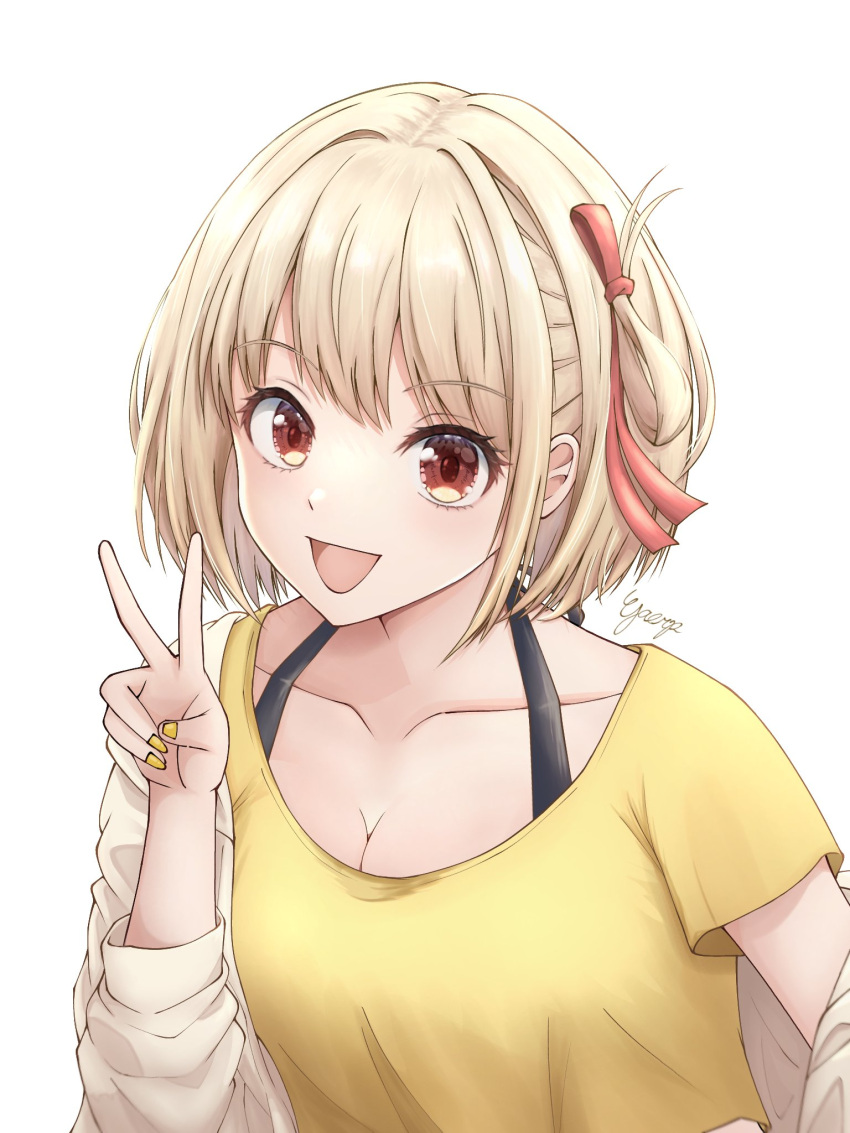 1girl blonde_hair bob_cut breasts cleavage collarbone commentary gaerp4 hair_ribbon highres jacket looking_at_viewer lycoris_recoil medium_breasts nail_polish nishikigi_chisato one_side_up open_mouth red_eyes red_ribbon ribbon shirt short_hair short_sleeves signature simple_background single_off_shoulder smile solo upper_body v white_background white_jacket yellow_nails yellow_shirt