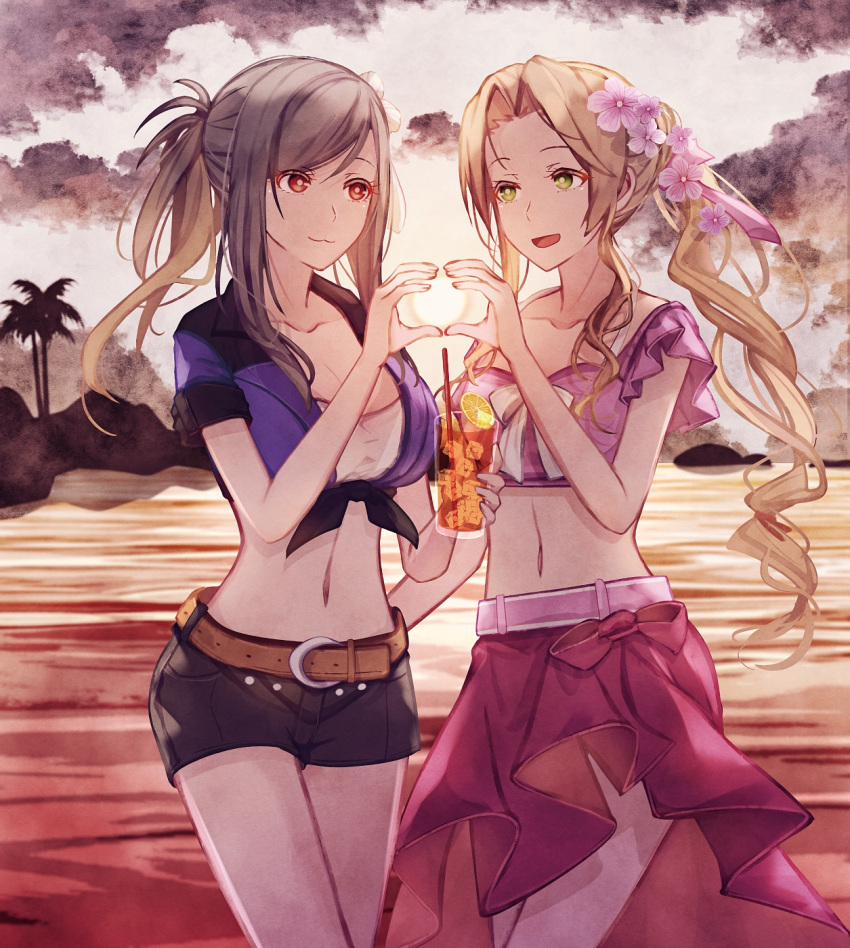 2girls :3 aerith_gainsborough aerith_gainsborough_(floral_delight) beach breasts brown_eyes cleavage crop_top cup final_fantasy final_fantasy_vii final_fantasy_vii_rebirth final_fantasy_vii_remake flower green_eyes hair_flower hair_ornament heart heart_hands heart_hands_duo highres long_skirt mirrorclew multiple_girls navel official_alternate_costume official_alternate_hairstyle open_mouth palm_tree pink_sarong pink_top short_shorts shorts skirt smile stomach sunset tifa_lockhart tifa_lockhart_(majestic_glamour) tree