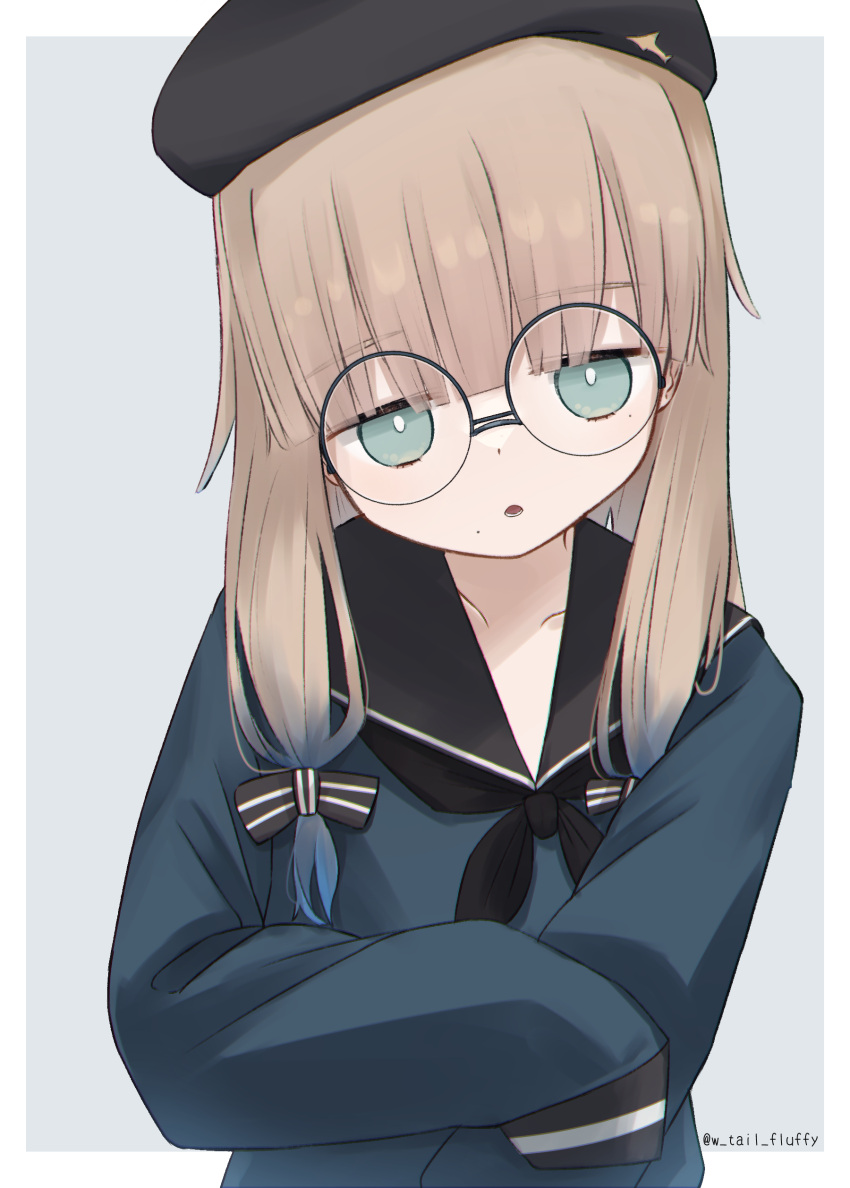 absurdres artist_name beret black_neckerchief black_sailor_collar blue_hair fate/grand_order fate_(series) glasses gradient_hair green_eyes hair_ribbon hat highres long_hair long_sleeves looking_at_viewer mole mole_under_mouth multicolored_hair neckerchief nemo_(fate) open_mouth parted_lips professor_nemo_(fate) ribbon round_eyewear sailor_collar shirt simple_background sleeves_past_fingers sleeves_past_wrists solo turban twintails w_tail_fluffy