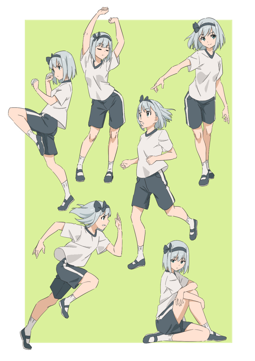 1girl alternate_costume bandaged_hand bandages blue_shorts clenched_hands fighting_stance grey_hair gym_uniform gyouza_(mhea5724) highres konpaku_youmu multiple_views running shirt short_hair shorts sitting solo stretching touhou white_shirt