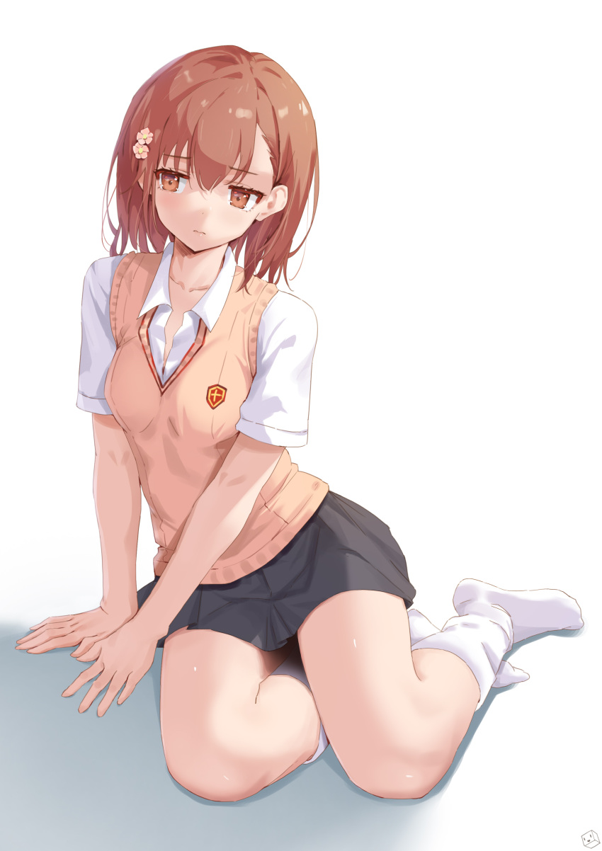 1girl absurdres averting_eyes breasts brown_eyes brown_hair brown_sweater_vest closed_mouth collared_shirt grey_skirt hair_ornament hairpin hashtag-only_commentary highres kuuhaku_(pskf2372) loose_socks miniskirt misaka_mikoto pleated_skirt school_emblem school_uniform shirt short_hair short_sleeves sitting skirt small_breasts socks solo summer_uniform sweater_vest toaru_kagaku_no_railgun toaru_majutsu_no_index tokiwadai_school_uniform white_background white_shirt white_socks yokozuwari