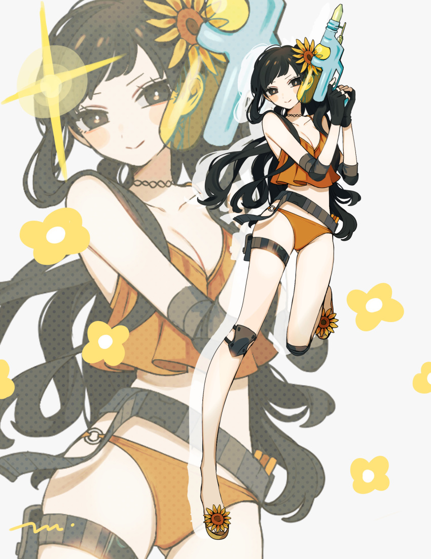 1girl bare_shoulders belt bikini bikini_bottom_only black_eyes black_hair breasts camisole choker cleavage commentary_request cowboy_shot crop_top crop_top_overhang fingerless_gloves flower full_body gloves hair_flower hair_ornament halftone highres holding holding_toy knee_pads long_hair looking_at_viewer maco22 medium_breasts midriff navel o-ring o-ring_bikini orange_bikini orange_camisole original sandals smile solo spaghetti_strap swimsuit thigh_strap toy toy_gun water_gun yellow_flower